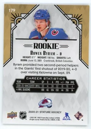 2020-21 Upper Deck Stature #179 Bowen Byram Rookie Green back