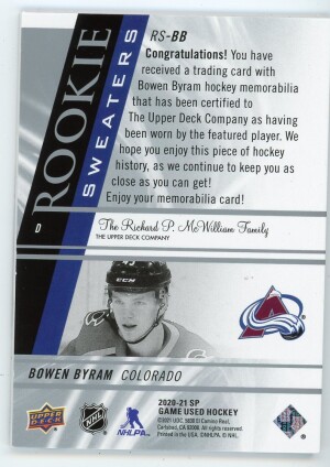 2020-21 SP Game Used Bowen Byram Rookie Sweaters 91/249 #RS-BB back
