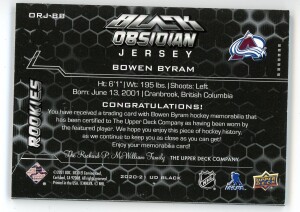 2020-21 UD Black Bowen Byram Obsidian Rookie Jersey 367/399  #ORJ-BB back