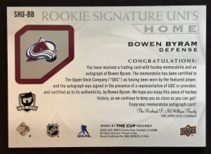 2020-21 Upper Deck The Cup Rookie Signature Uni's Home /49 #SHU-BB Bowen Byram back