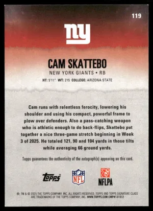 2025 Topps Signature Class #119 Cam Skattebo Autographs back