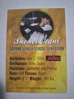 2012 Rookie Phenoms Shohei Otani High School Sensation Rookie Japan Card back