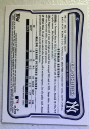2026 Bowman Cam Schlittler RC #53 back
