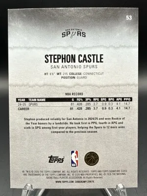 Stephon Castle (Spurs) 2025-2026 NBA Topps Signature Class #53 back