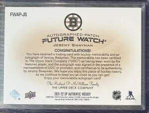 2021-22 Upper Deck SPA Jeremy Swayman Future Watch Auto Patch /100 back