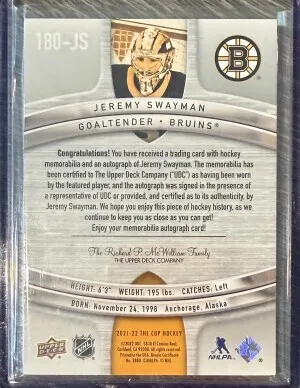 2021-22 The Cup Jeremy Swayman - Sidney Crosby Tribute Patch Auto /10 back