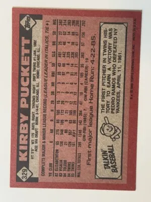 Kirby Puckett 1986 Topps #329 back