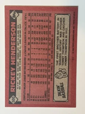 Rickey Henderson 1986 Topps #500 back