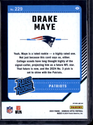 2024 Panini Donruss Optic Prizm Drake Maye #229 Blue Hyper back