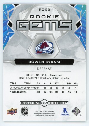 2020-21 Black Diamond Bowen Byram Rookie Gems /399 #RG-BB back
