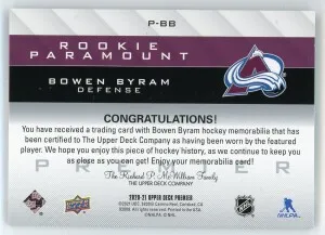 2020-21 UD Premier Bowen Byram Rookie Paramount Jerseys #P-BB back