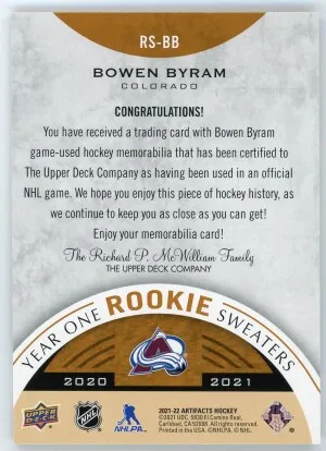 2021-22 Artifacts Bowen Byram Year One Rookie Sweaters #RS-BB back