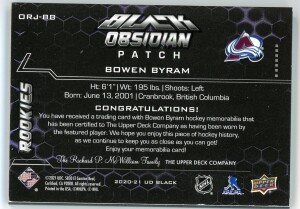 2020-21 UD Black Bowen Byram Obsidian Rookie Jersey Patch Purple 32/35 #ORJ-BB back