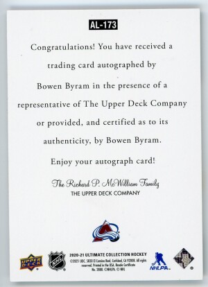 2020-21 Ultimate Collection Bowen Byram '97 Ultimate Legends Signatures #AL-173 back