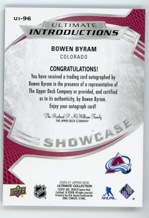 2020-21 Ultmate Collection Bowen Byram Ultimate Introductions Autographs #UI-96 back