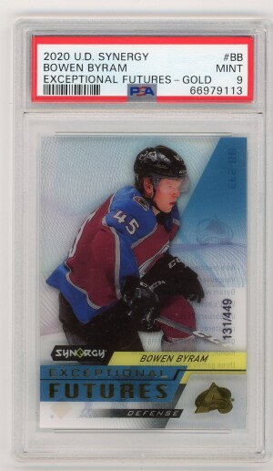 2020-21 Synergy Bowen Byram Exceptional Futures Gold /449 #EFS-BB PSA 9 Mint front