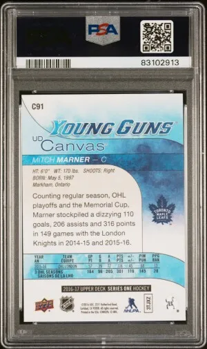 2016-17 Upper Deck Canvas Mitch Marner #C91 Young Guns Rookie PSA 10 back
