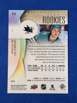 Macklin Celebrini Authentic Rookies Gold Parallel /149 2024-25 SP Game Used back