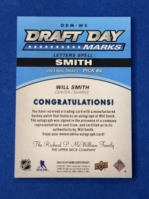 Will Smith Draft Day Marks "S" /35 Rookie Auto 2024-25 SP Game Used back
