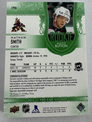 2022-22 The Cup Nathan Smith Rookie Auto Button back