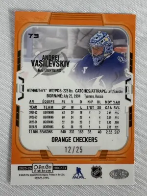2025-26 OPC Platinum Andrei Vasilevskiy Orange Checkers /25 back