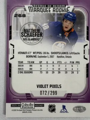 2025-26 OPC Platinum Violet Pixels Marquee Rookie /299 Matthew Schaefer back