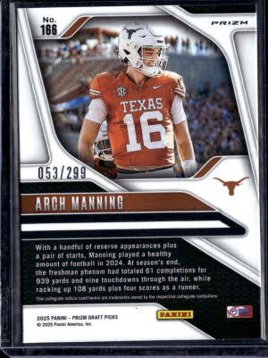 2025 Panini Prizm Draft Picks Arch Manning #166 Blue /299 back
