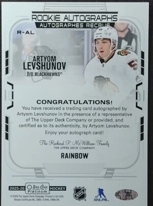 2025-26 OPC Platinum Artyom Levushnov Rookie Rainbow Autographs back