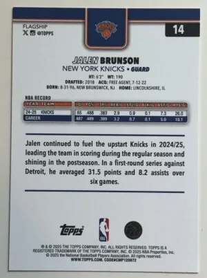 JALEN BRUNSON 2025 TOPPS 14 back