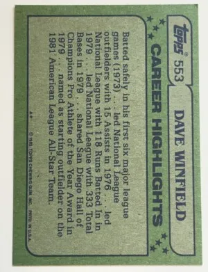 DAVE WINFIELD 1982 TOPPS 553 back