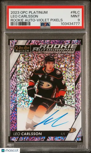 2023-24 O-Pee-Chee Platinum Auto Leo Carlsson Violet Pixels Rookie /99 PSA 9 front