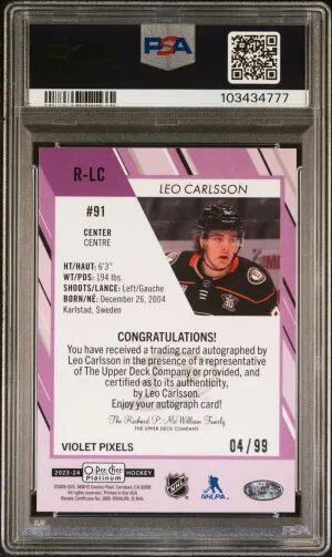 2023-24 O-Pee-Chee Platinum Auto Leo Carlsson Violet Pixels Rookie /99 PSA 9 back