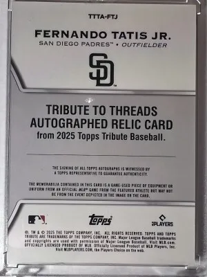 2025 Topps Tribute Autograph Relic Fernando Tatis Jr. 8/30 back