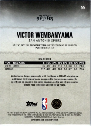 2025-26 Topps Signature Class #55 Victor Wembanyama back