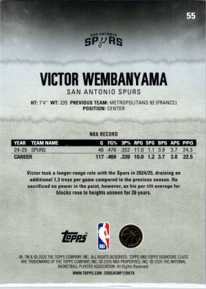 2025-26 Topps Signature Class #55 Victor Wembanyama back