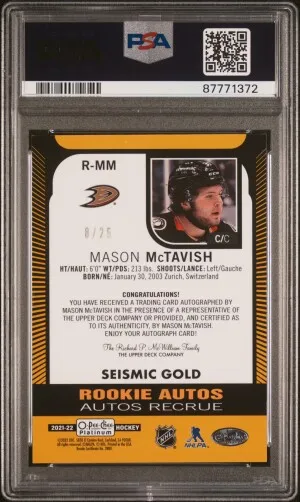 2021 Upper Deck O-Pee-Chee Platinum Rookie Autograph Mason Mctavish Rookie Auto-Seismic Gold back