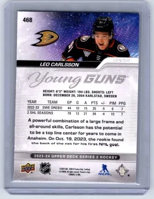 2023 Upper Deck Series 2 Young Guns Leo Carlsson Silver Outburst Rookie back