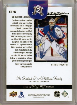 2022-23 Upper Deck The Cup Exquisite Patch Auto Henrik Lundqvist /10 back
