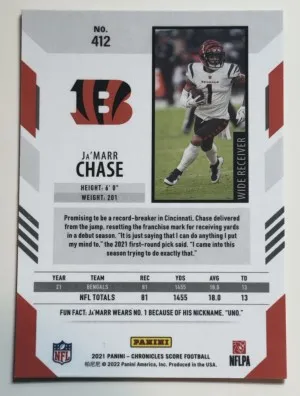 JA'MARR CHASE 2021 PANINI CHRONICLES SCORE UPDATE ROOKIES 412 ROOKIE back