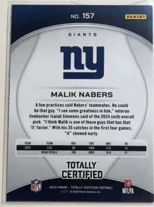 MALIK NABERS 2024 PANINI TOTALLY CERTIFIED 157 ROOKIE back