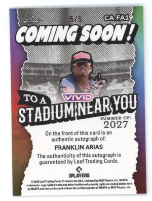 2025 Leaf Vivid Autograph Franklin Arias #CA-FA1 Coming Soon! 5/5 back