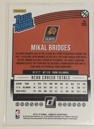 MIKAL BRIDGES 2018 PANINI DONRUSS 200  PRESS PROOF SILVER /349 ROOKIE back