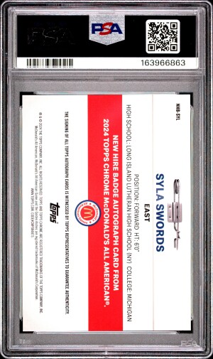 2024 Topps Chrome Mcdonald's All American New Hire Badge Autographs Syla Swords Nh B Adge Au-Mcd's Logo Ref Psa 10 back