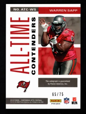 Warren Sapp 2019 Panini Contenders Optic Blue /75 All-Time Contenders Auto back