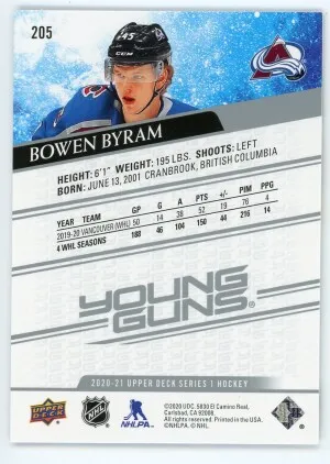 2020-21 Upper Deck #205 Bowen Byram Young Guns Rookie Card back