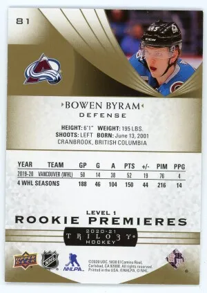 2020-21 Upper Deck Trilogy #81 Bowen Byram Rookie Card /999 back