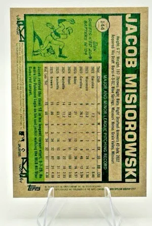2026 Topps Heritage Jacob Misiorowski RC #144 Brewers Rookie Card back