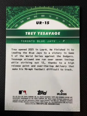 /99 Starting For $5!!! Topps 2026 Bowman Chrome Under The Radar Trey Yesavage UR-15 RC Green /99 back