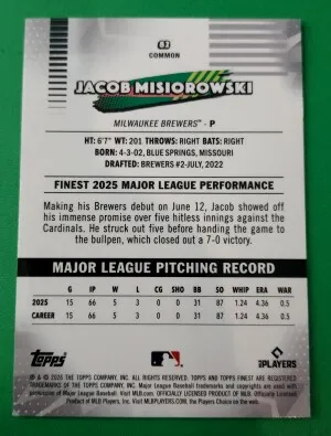 2026 Topps Finest Jacob Misiorowski #82 Common RC Brewers back