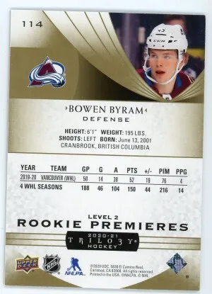 2020-21 Upper Deck Trilogy #114 Bowen Byram Rookie Level 2 /499 back